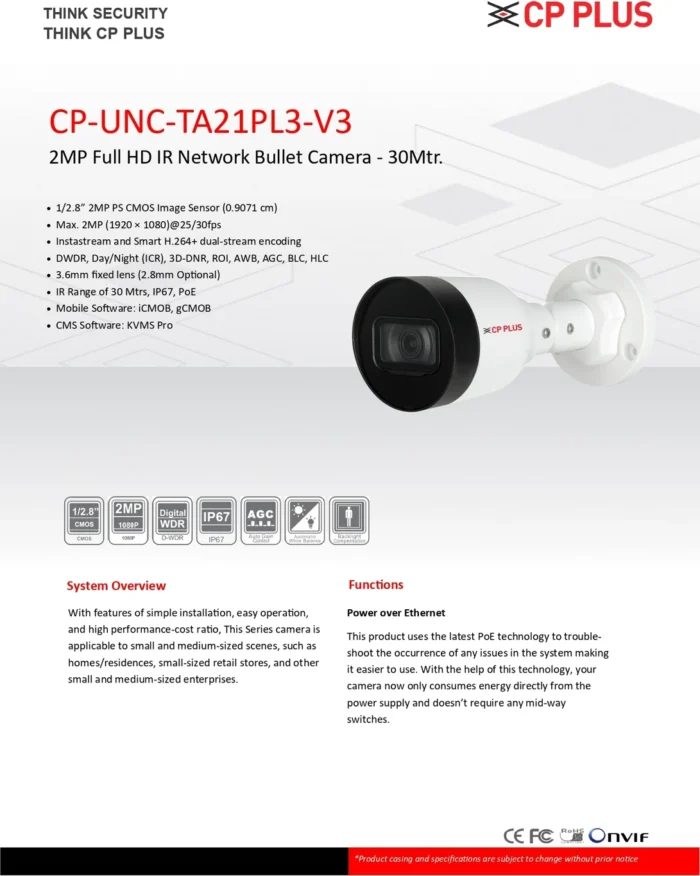 CP PLUS 2MP Full HD IR Network Bullet Camera – CP-UNC-TA21PL3 - Image 2