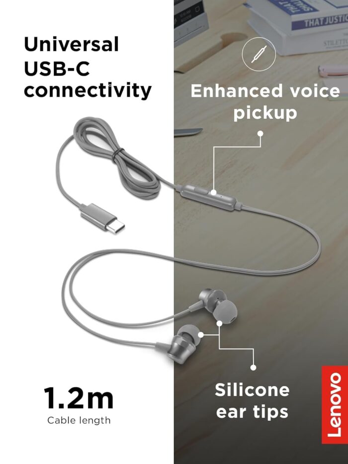 Lenovo 300 Wired USB-C In-Ear Headphones – Grey (GXD1J77353) - Image 4